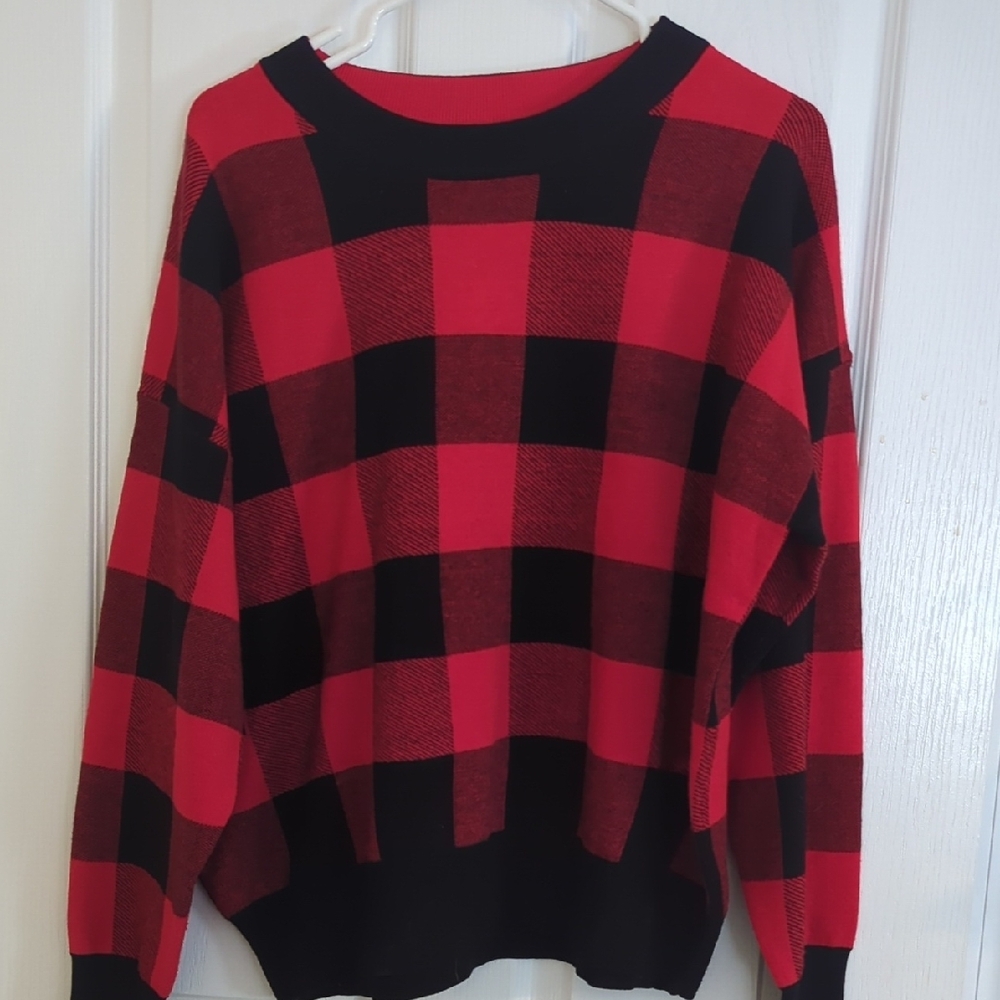 Red and Black Plaid Women's Sweater
